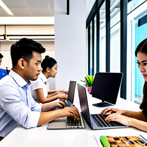 **A vibrant, modern office space in Bangkok with employees collaborating on laptops, showcasing a culture of innovation and digital marketing strategy. The scene should emphasize teamwork, technology, and data analysis, reflecting a forward-thinking Thai company.**