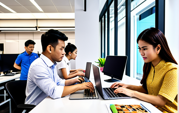 **A vibrant, modern office space in Bangkok with employees collaborating on laptops, showcasing a culture of innovation and digital marketing strategy. The scene should emphasize teamwork, technology, and data analysis, reflecting a forward-thinking Thai company.**