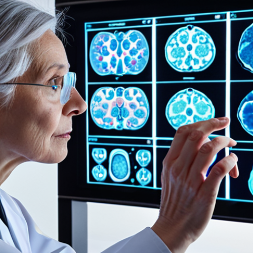 **AI-powered drug discovery:** A futuristic laboratory scene where AI algorithms analyze complex molecular structures on holographic displays, accelerating the process of identifying potential drug candidates for Alzheimer's disease. Emphasis on innovation and hope.