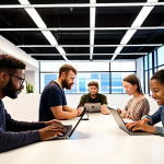 A diverse group of people collaboratively developing a mobile application in a bright, modern co-working space, emphasizing social impact and community benefit.