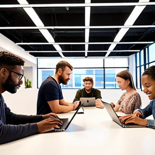 A diverse group of people collaboratively developing a mobile application in a bright, modern co-working space, emphasizing social impact and community benefit.