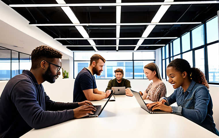 A diverse group of people collaboratively developing a mobile application in a bright, modern co-working space, emphasizing social impact and community benefit.