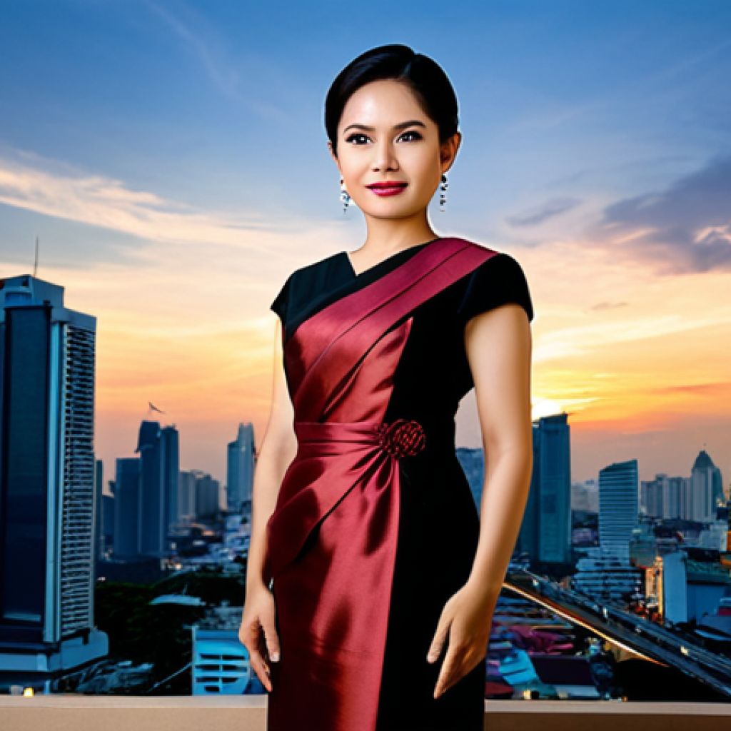 "A professional Thai businesswoman in a modest, elegant Thai silk dress, standing in front of the Bangkok skyline during sunset, fully clothed, appropriate attire, safe for work, perfect anatomy, natural proportions, professional photograph, high quality, family-friendly."