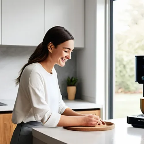 테크노사피엔스의 기술적 흐름 - **Smart Home Morning Routine:** A serene, sunlit modern kitchen. A young woman (mid-20s, wearing a c...
