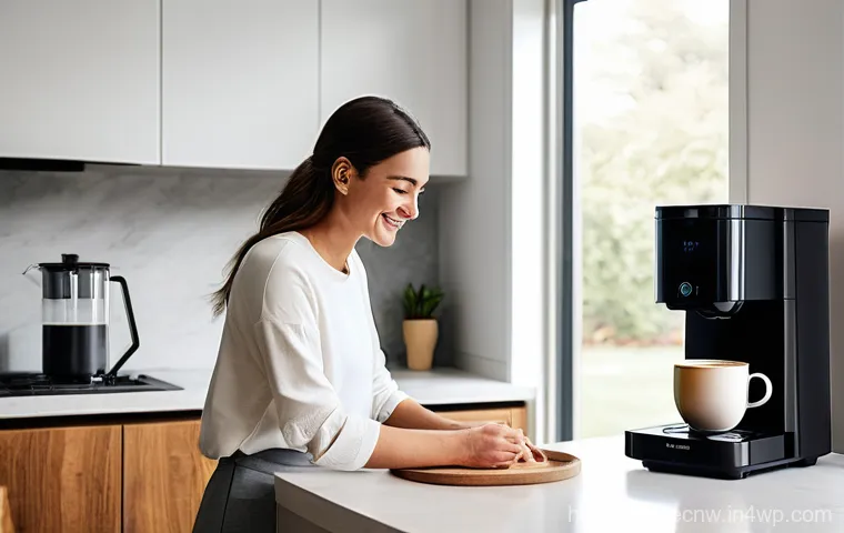 테크노사피엔스의 기술적 흐름 - **Smart Home Morning Routine:** A serene, sunlit modern kitchen. A young woman (mid-20s, wearing a c...