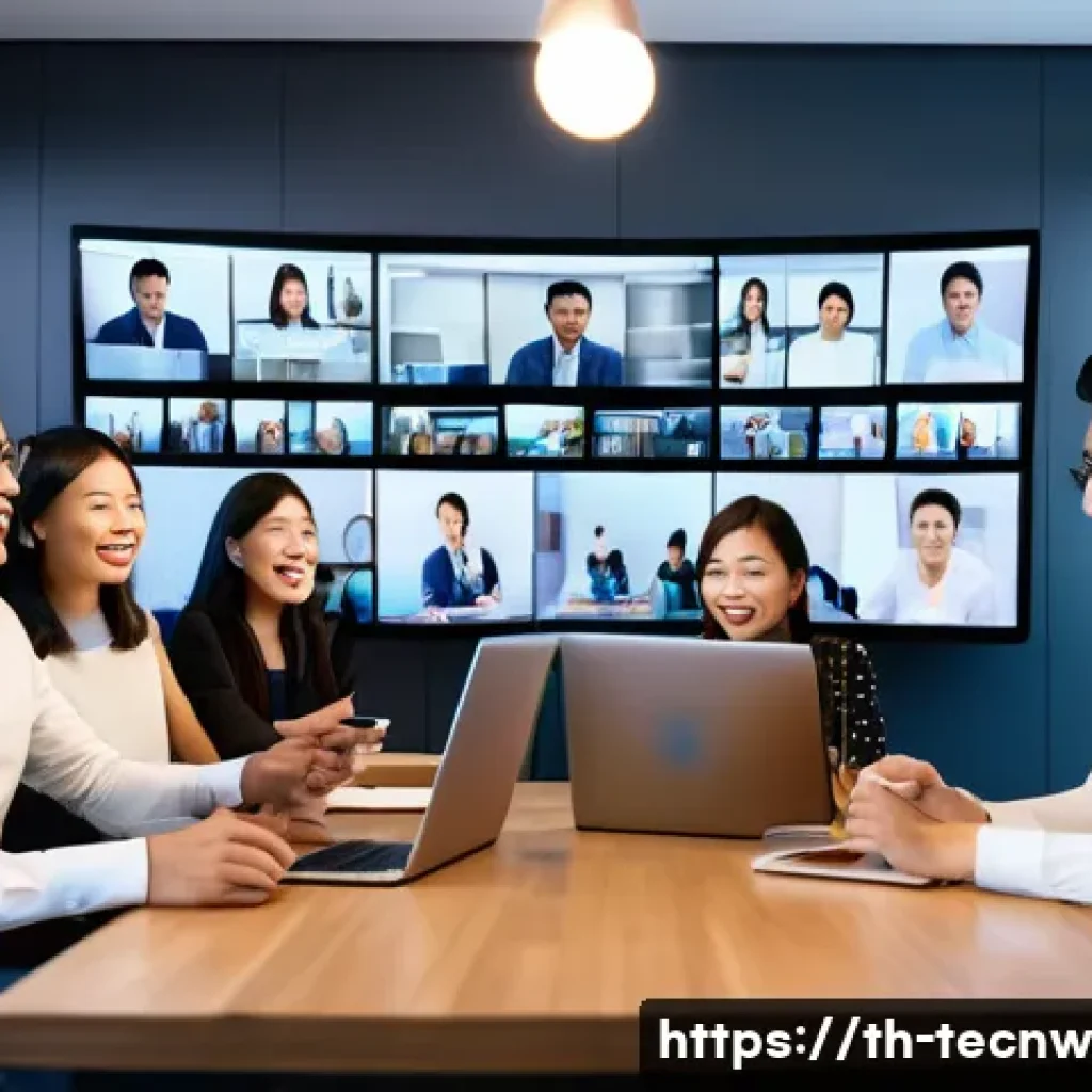 테크노사피엔스와 가상 사회의 도전 - A diverse group of young Thai professionals engaging in a lively online video conference from their ...