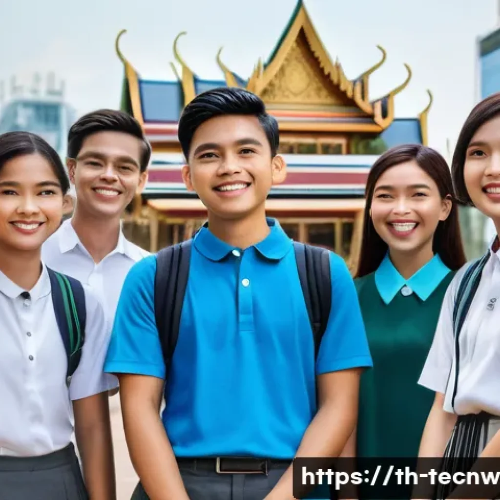 테크노사피엔스와 다문화 사회 - A modern digital classroom scene in Bangkok, featuring diverse Thai students wearing casual but mode...