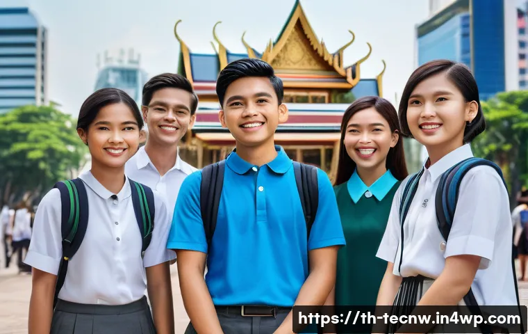 테크노사피엔스와 다문화 사회 - A modern digital classroom scene in Bangkok, featuring diverse Thai students wearing casual but mode...