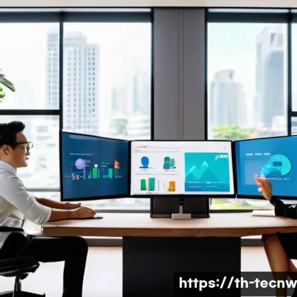 테크노사피엔스 시대의 리더십 변화 - A modern digital office scene showing a diverse Thai business team collaborating remotely via video ...