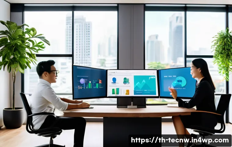 테크노사피엔스 시대의 리더십 변화 - A modern digital office scene showing a diverse Thai business team collaborating remotely via video ...