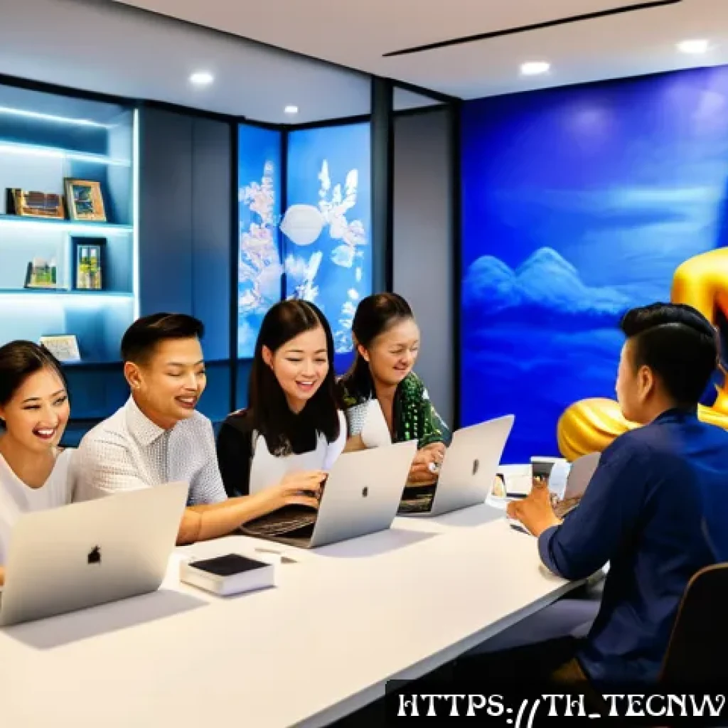 테크노사피엔스와 소셜 미디어의 역할 - A vibrant digital workspace scene featuring a diverse group of young Thai professionals and older ad...
