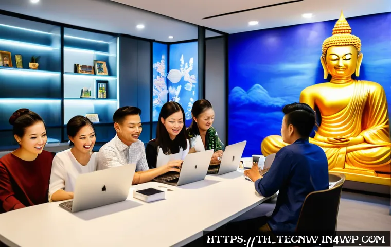 테크노사피엔스와 소셜 미디어의 역할 - A vibrant digital workspace scene featuring a diverse group of young Thai professionals and older ad...