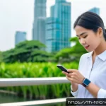 테크노사피엔스와 건강 관리의 혁신 - A modern Thai woman wearing smart casual clothes and a stylish smartwatch on her wrist, standing in ...