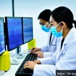 테크노사피엔스와 생명 과학의 연관성 - A futuristic laboratory scene in Bangkok with Thai scientists wearing lab coats and masks, working o...