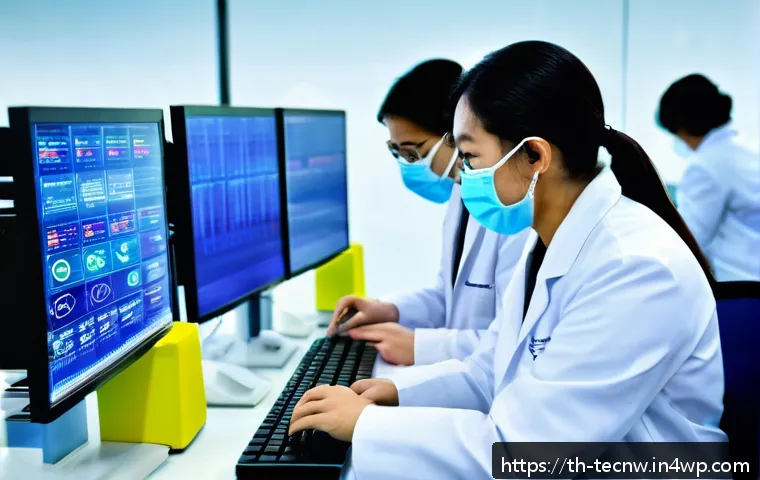 테크노사피엔스와 생명 과학의 연관성 - A futuristic laboratory scene in Bangkok with Thai scientists wearing lab coats and masks, working o...