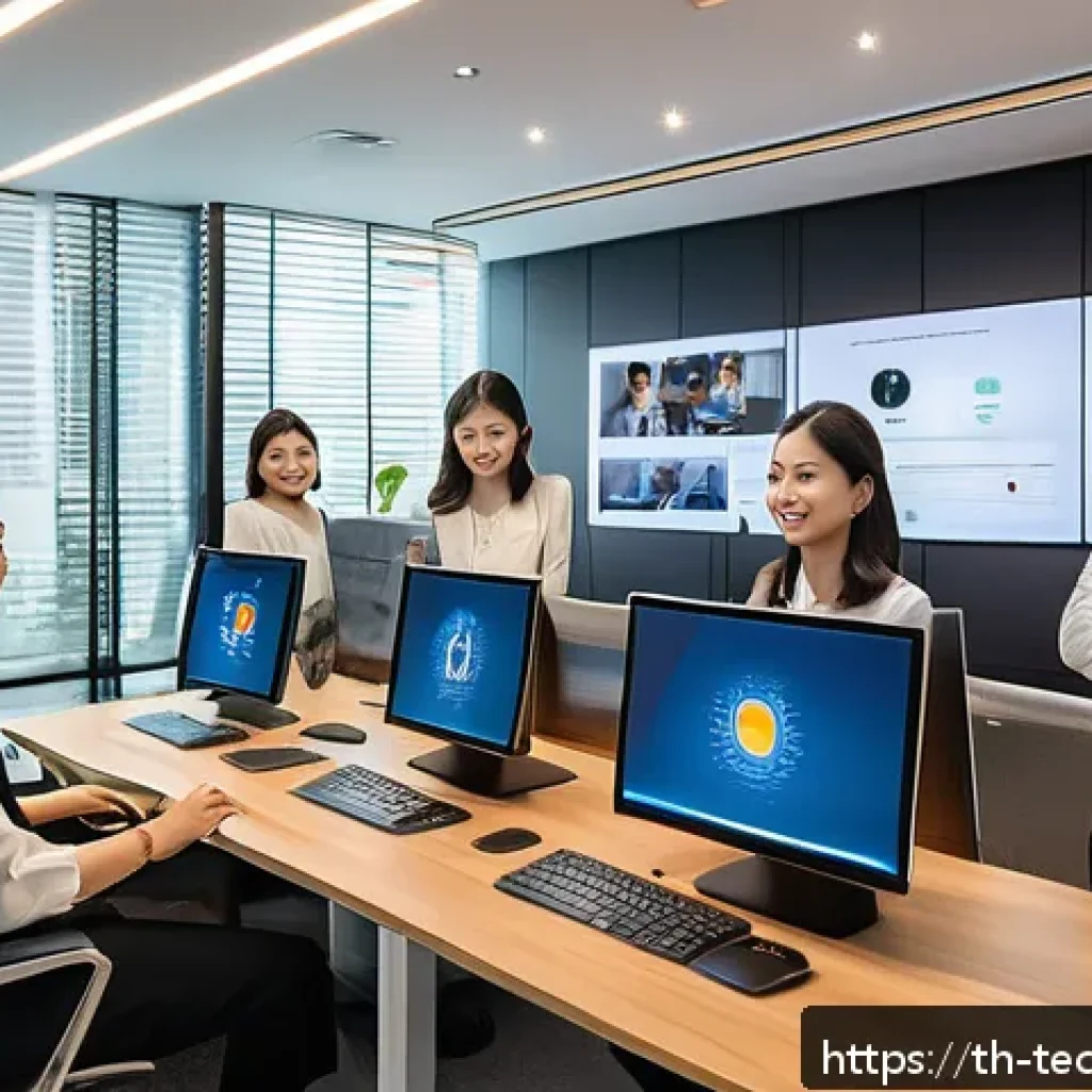 테크노사피엔스의 의사소통 방식 변화 - A modern Thai office environment showcasing a diverse group of young professionals engaging in a sea...