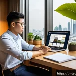 테크노사피엔스의 인식론적 접근 - A modern digital workspace scene featuring a young Thai professional in casual business attire sitti...