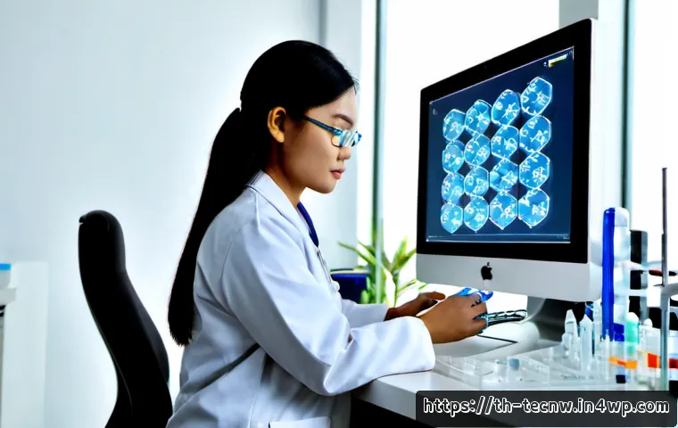 Home 17 테크노사피엔스와 생물 정보학의 발전 - Photorealistic biotechnology laboratory in Bangkok, Thai Southeast Asian bioinformatician wearing a ...