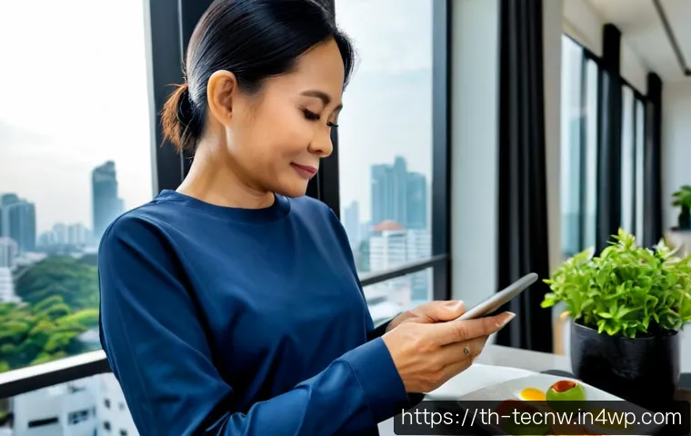 Home 17 테크노사피엔스와 개인의 삶의 변화 - Photorealistic morning scene in a modern Bangkok apartment, a Thai woman in her 40s using a discreet...